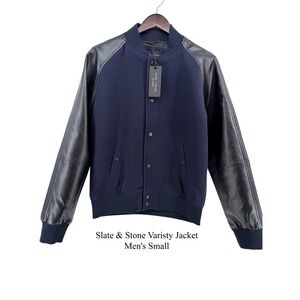 NWT Slate & Stone Navy Faux Wool Black Faux Leather Varsity Jacket Men's SMALL